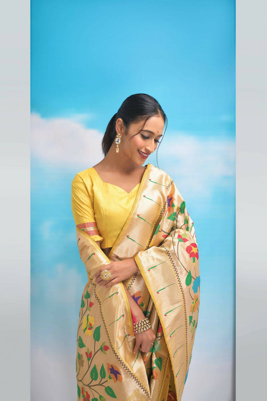 Vishnu Weaves Women's Yellow Paithani Silk Minakari Zari Woven Saree with Unstitched Blouse - Swadesiicart
