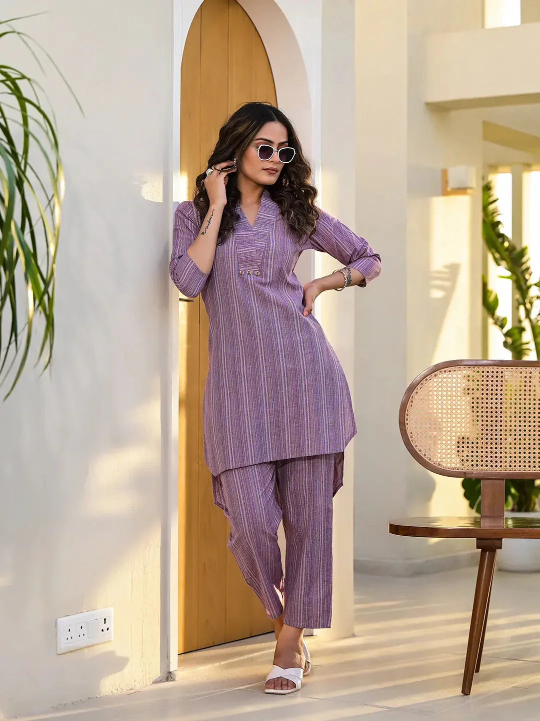 Yufta Purple Cotton Striped Print Co-Ord Set - Swadesiicart
