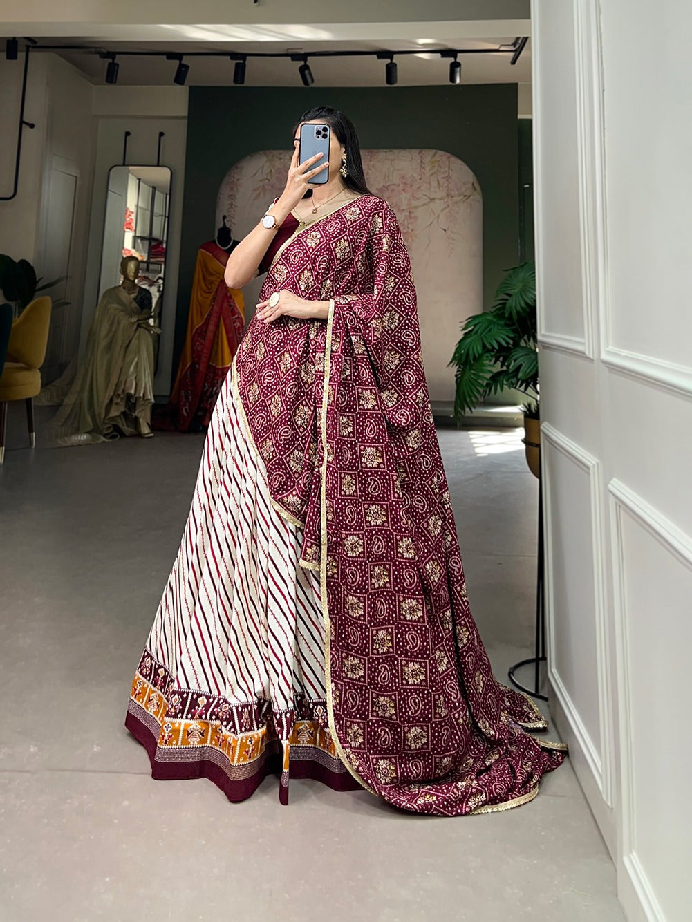 Lorenvalley White And Purple Pure Cotton Leheriya With Patola Print Lehenga Choli With Dupatta | Swadesiicart