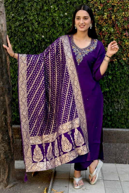 Lorenvalley Fashion Purple Roman Silk Hand Work Kurta Pant with Dupatta - Swadesiicart