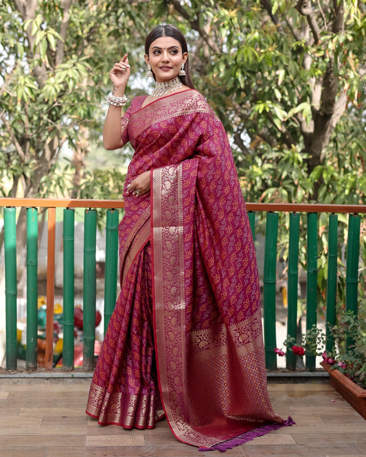 Lorenvalley Premium Bandhej Patola Silk Sarees with kanchi Borders and Contrast Zari Weaving borders Saree - Purple - Swadesiicart