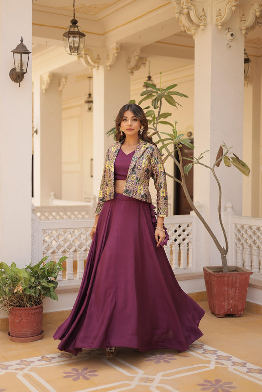 Lorenvalley Purple Premium Chinnon Lehenga Choli with Jacquard Woven Design Koti | Swadesiicart