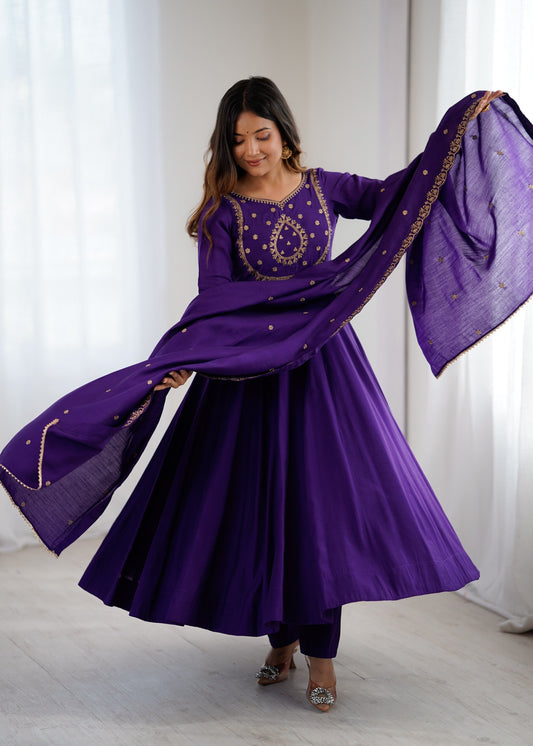 Lorenvalley Fashion Purple Roman Chanderi Silk Handwork Beads Work Anarkali Pant with Dupatta