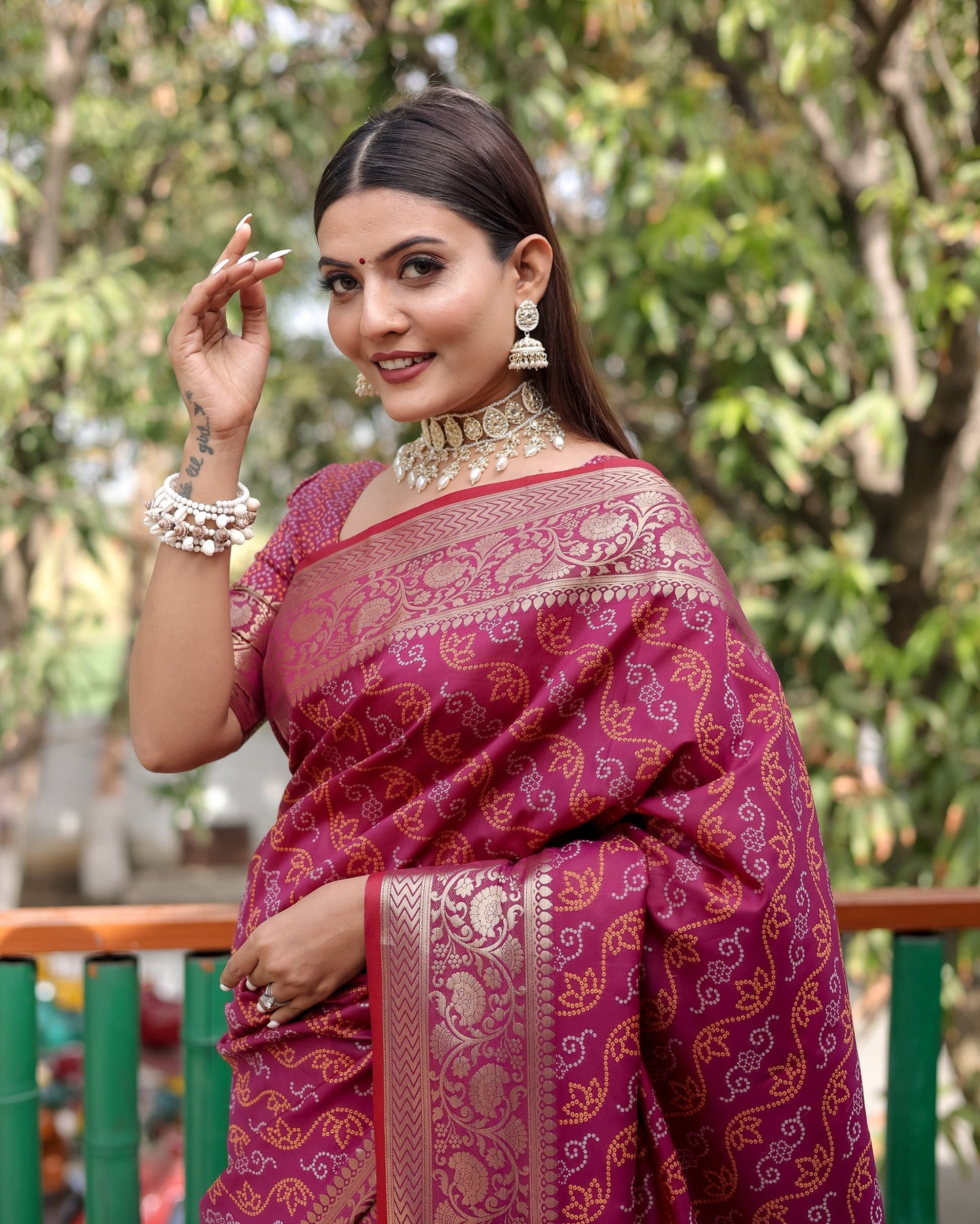 Lorenvalley Premium Bandhej Patola Silk Sarees with kanchi Borders and Contrast Zari Weaving borders Saree - Purple - Swadesiicart