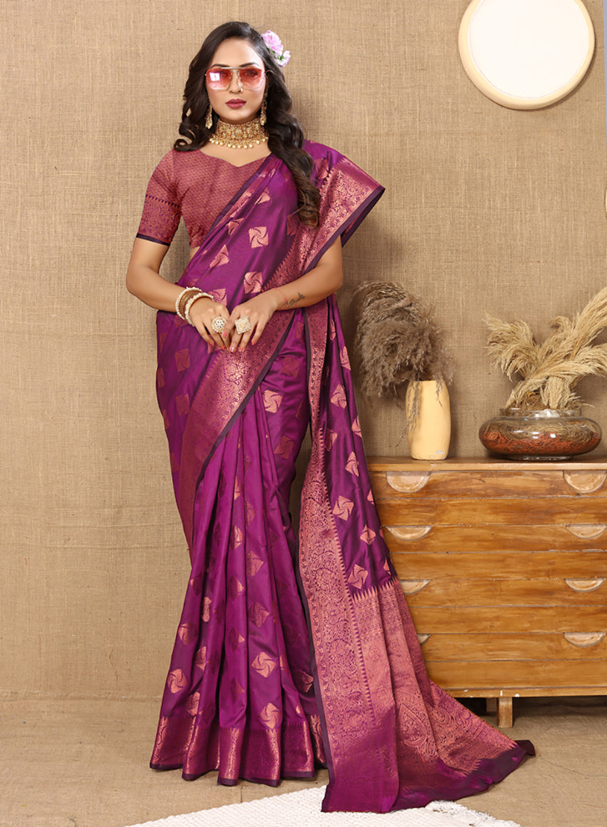 Lorenvalley Fashion Purple Soft Katan Silk Woven Design Copper Zari Weaving Saree - Swadesiicart