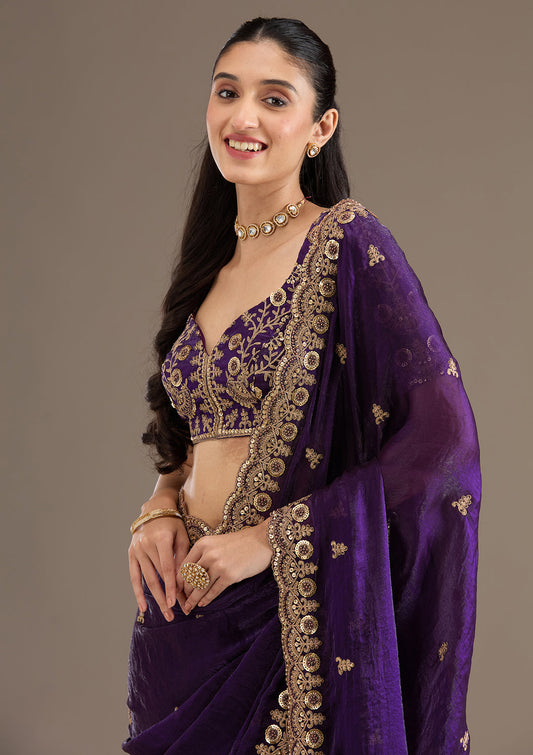 Lorenvalley Fashion Purple Fendi Satin with Embroidery Double Sequence Work Saree with Blouse - Swadesiicart