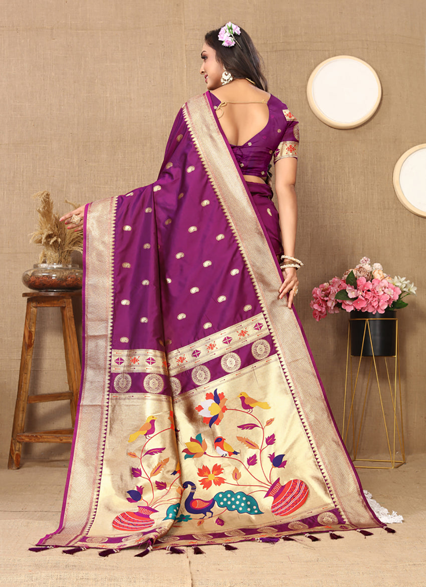 Lorenvalley Fashion Purple Soft Paithani Silk Woven Design Rich Zari Meenakari Weaving Saree - Swadesiicart