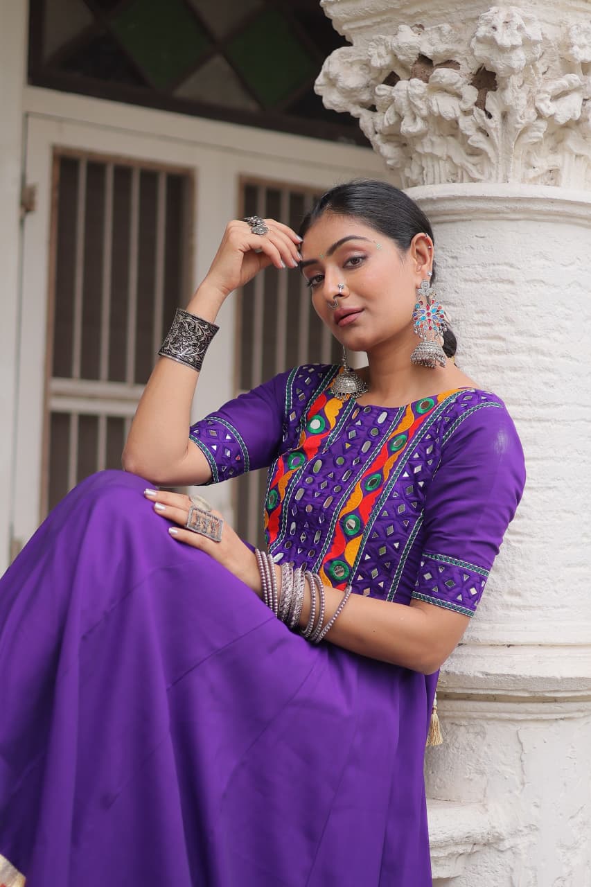 Lorenvalley Fashion Purple Roman Silk with Thread with mirror work & Maslin Crochet Print Work Gown | Swadesiicart