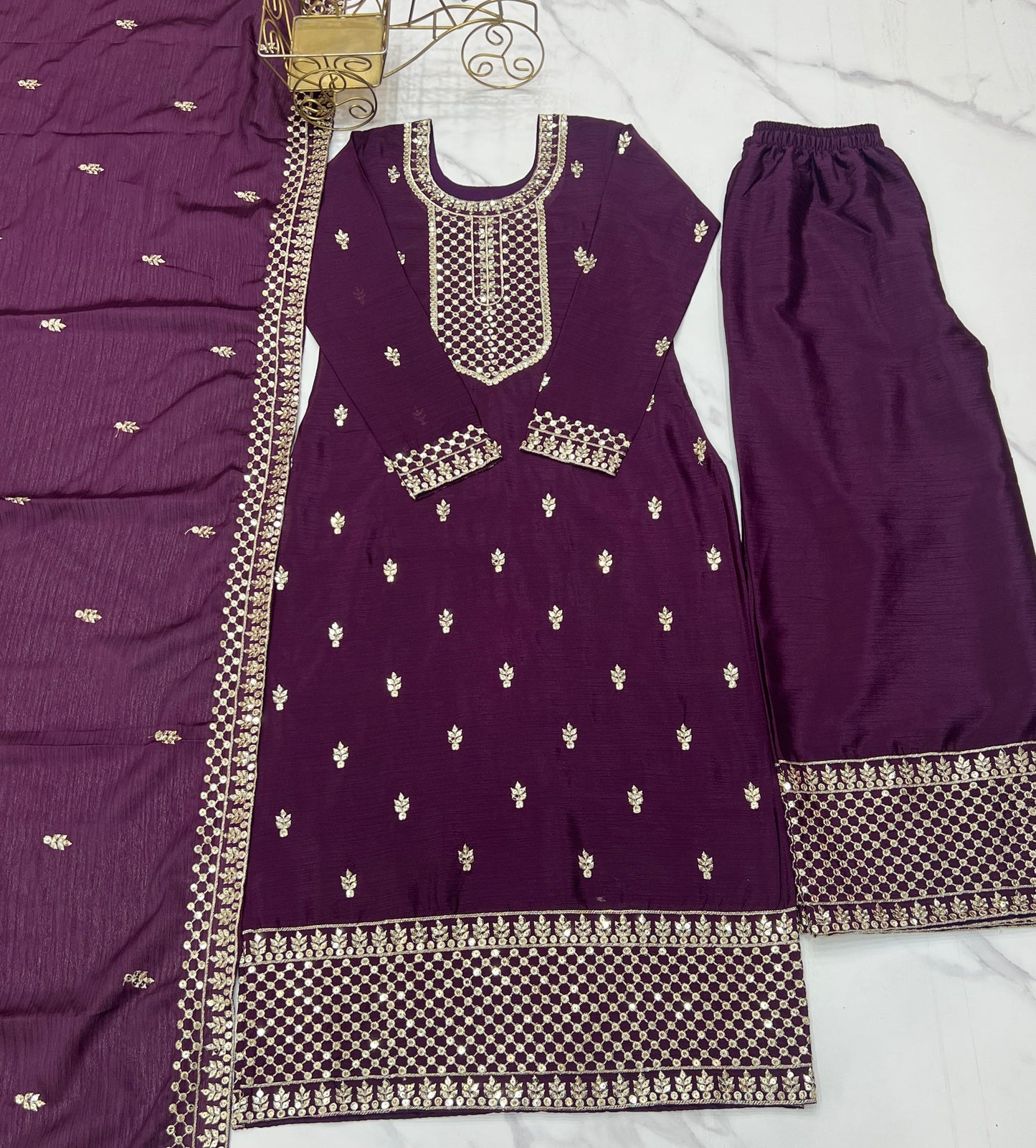 Lorenvalley Purple Chinon Silk Embroidery Sequence and Jari Work Kurta Trousers with Dupatta Set | Swadesiicart