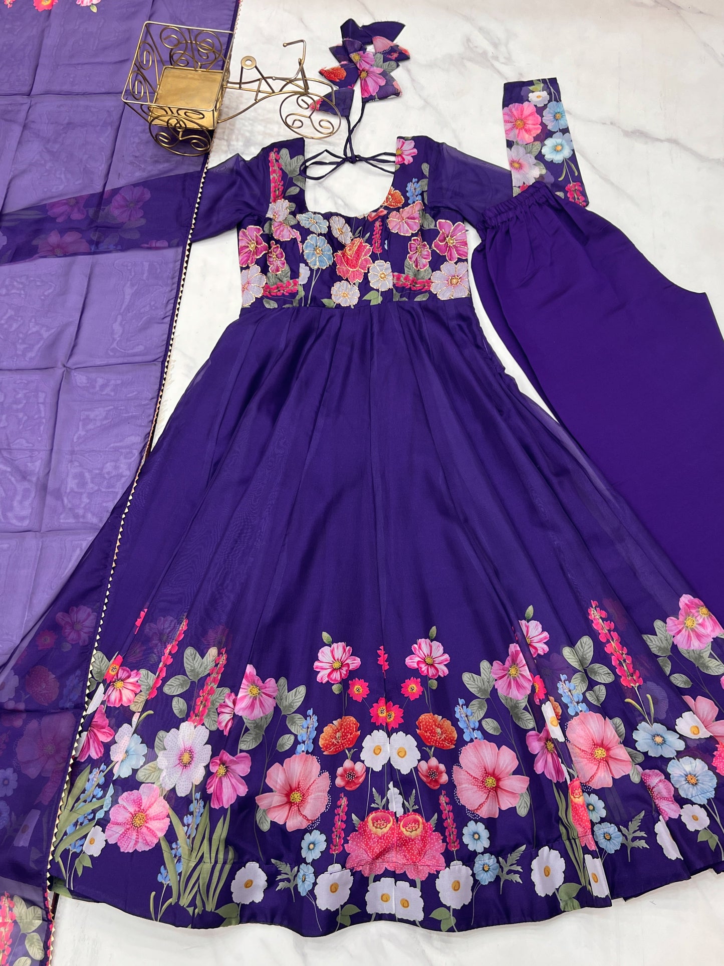 Lorenvalley Purple Soft Organza Silk With Floral Print Fully Flared Anarkali Pant With Dupatta Set | Swadesiicart
