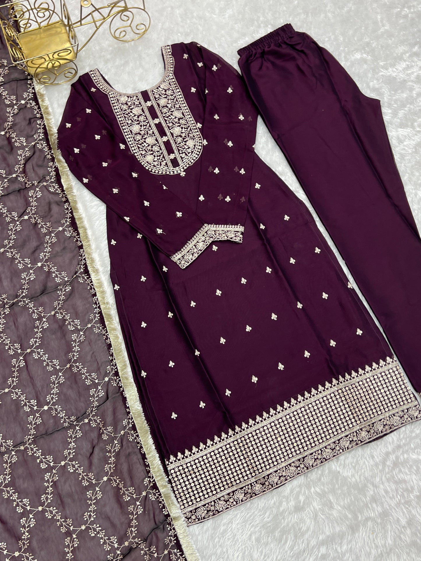 Lorenvalley Wine Rangoli Silk Embroidery Sequence And Thread Work Kurta Trousers with Dupatta Set | Swadesiicart