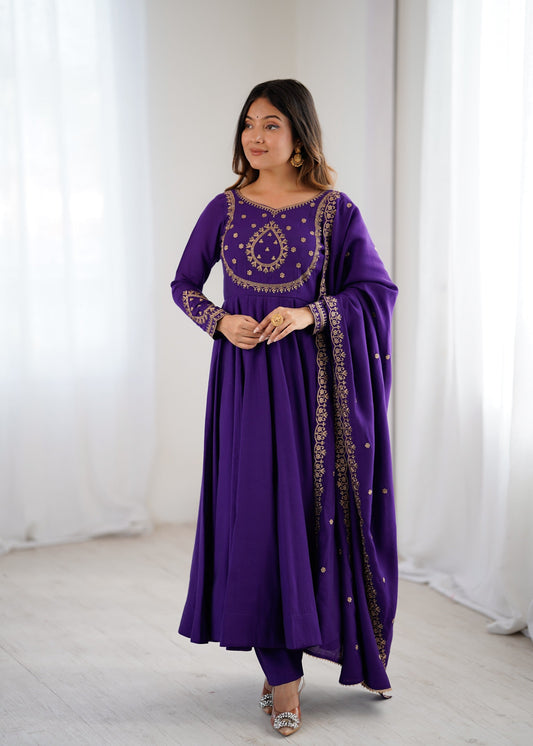 Lorenvalley Fashion Purple Roman Chanderi Silk Handwork Beads Work Anarkali Pant with Dupatta