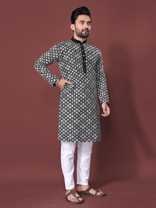 Neera Trendz Black Soft Silk Embroidered Men's Kurta Pyjama - Swadesiicart