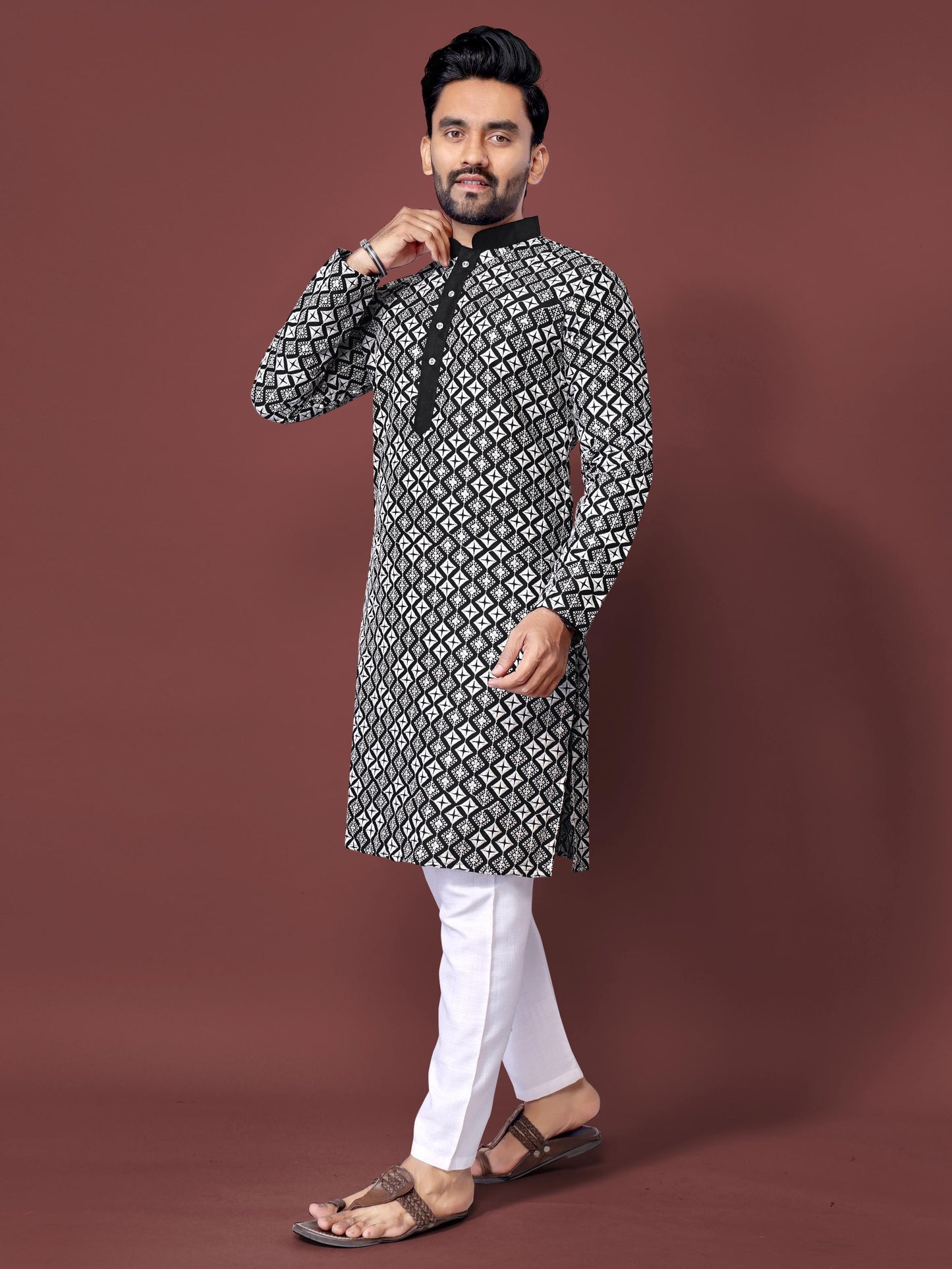 Neera Trendz Black Soft Silk Embroidered Men's Kurta Pyjama - Swadesiicart