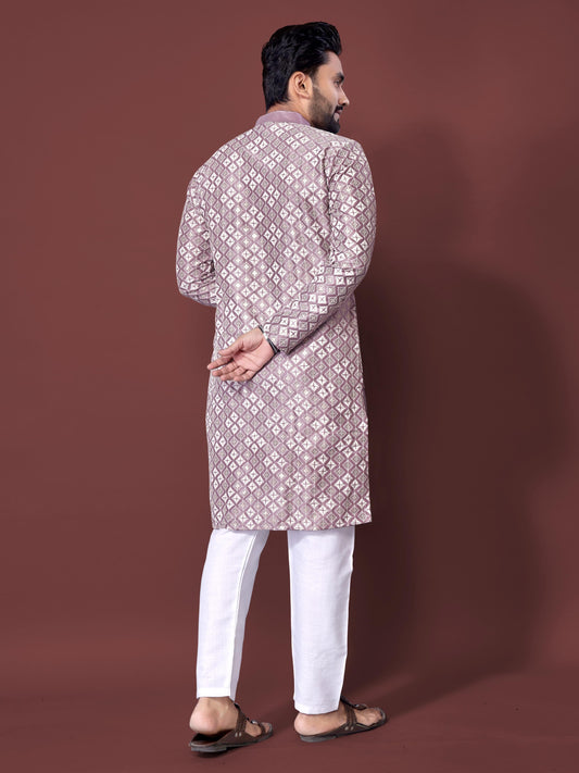 Neera Trendz Light Purple Soft Silk Embroidered Men's Kurta Pyjama - Swadesiicart