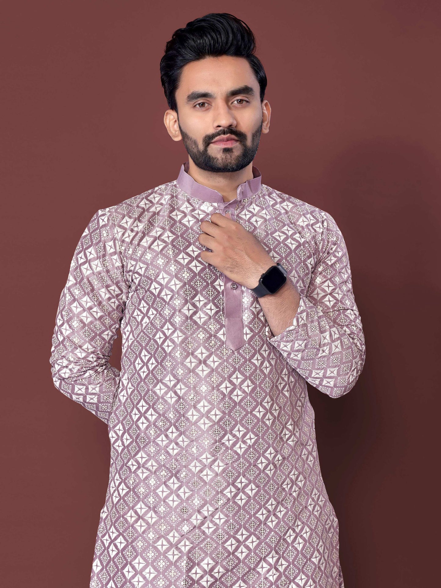 Neera Trendz Light Purple Soft Silk Embroidered Men's Kurta Pyjama - Swadesiicart
