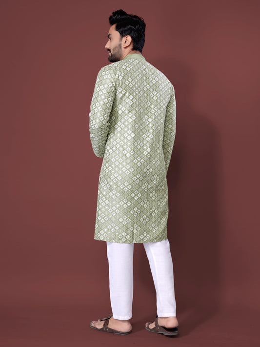 Neera Trendz Olive Soft Silk Embroidered Men's Kurta Pyjama - Swadesiicart