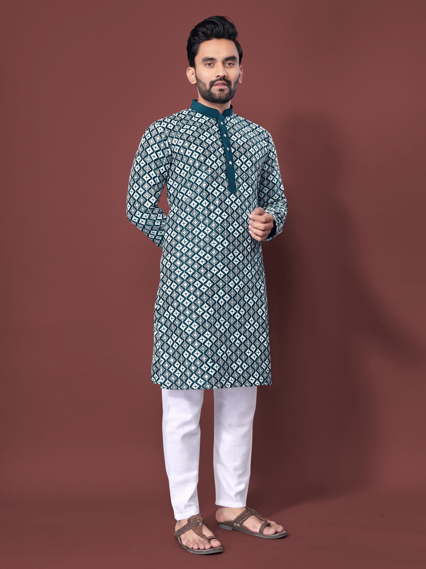Neera Trendz Teal Soft Silk Embroidered Men's Kurta Pyjama - Swadesiicart