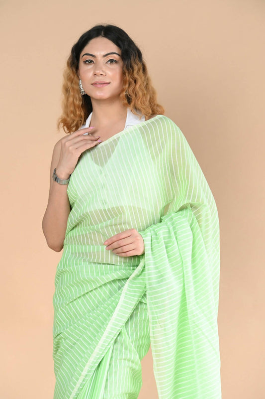 Very Much Indian Designer Pure Cotton Saree With All Over Linear Stripes - Fern Green | Swadesiicart