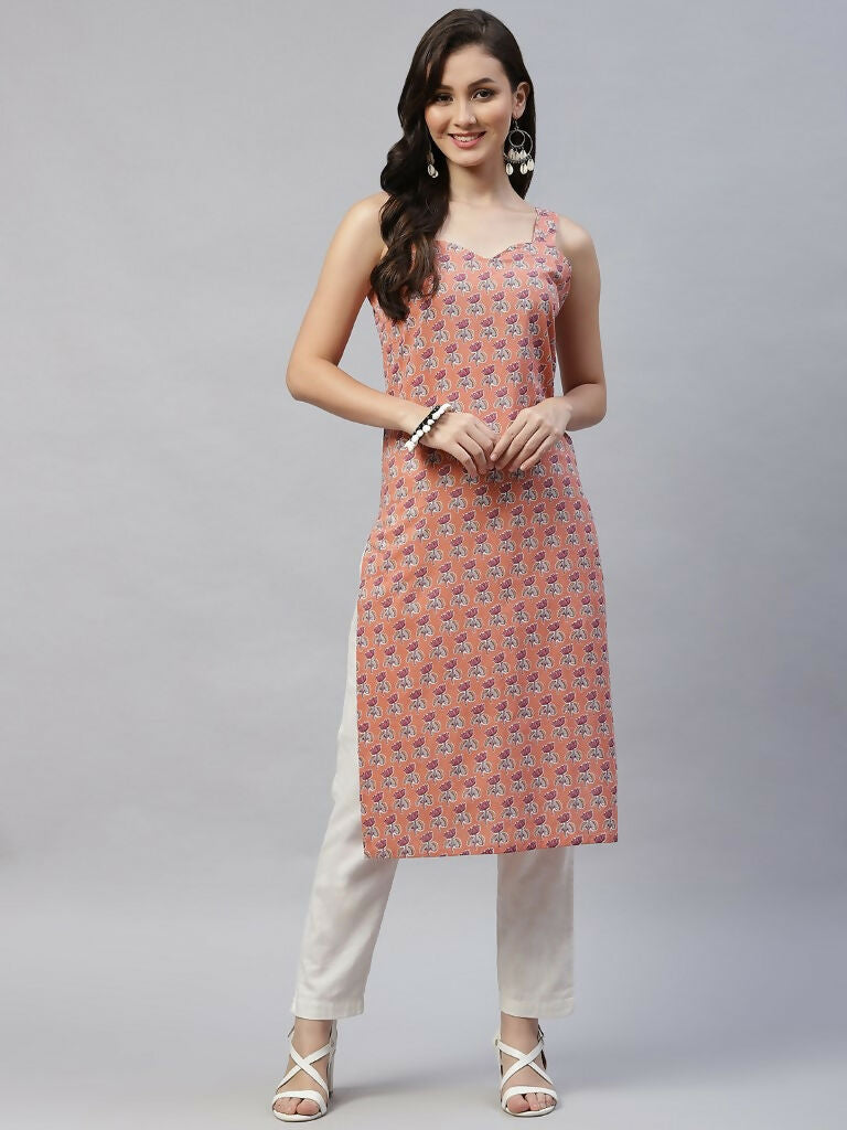Miravan Women's Floral Printed Strappy Peach Straight Kurta - Swadesiicart