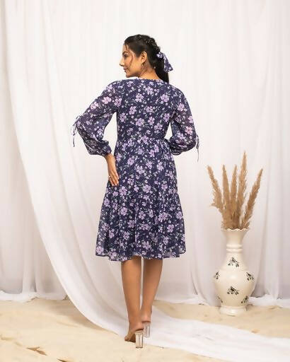FIORRA Women's Blue Georgette Floral Printed Western Dress - Swadesiicart