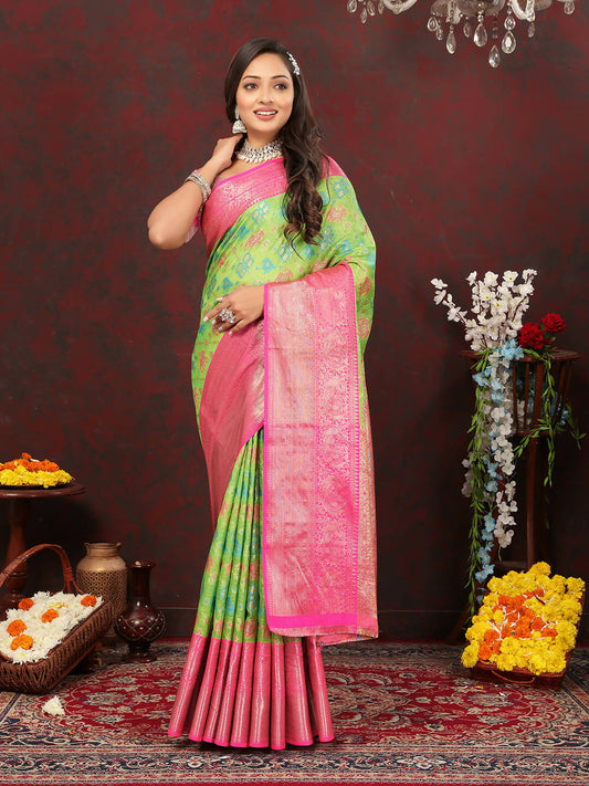 Lorenvalley Fashion Green Cotton Woven Design Zari Meenakari Weaving Saree - Swadesiicart
