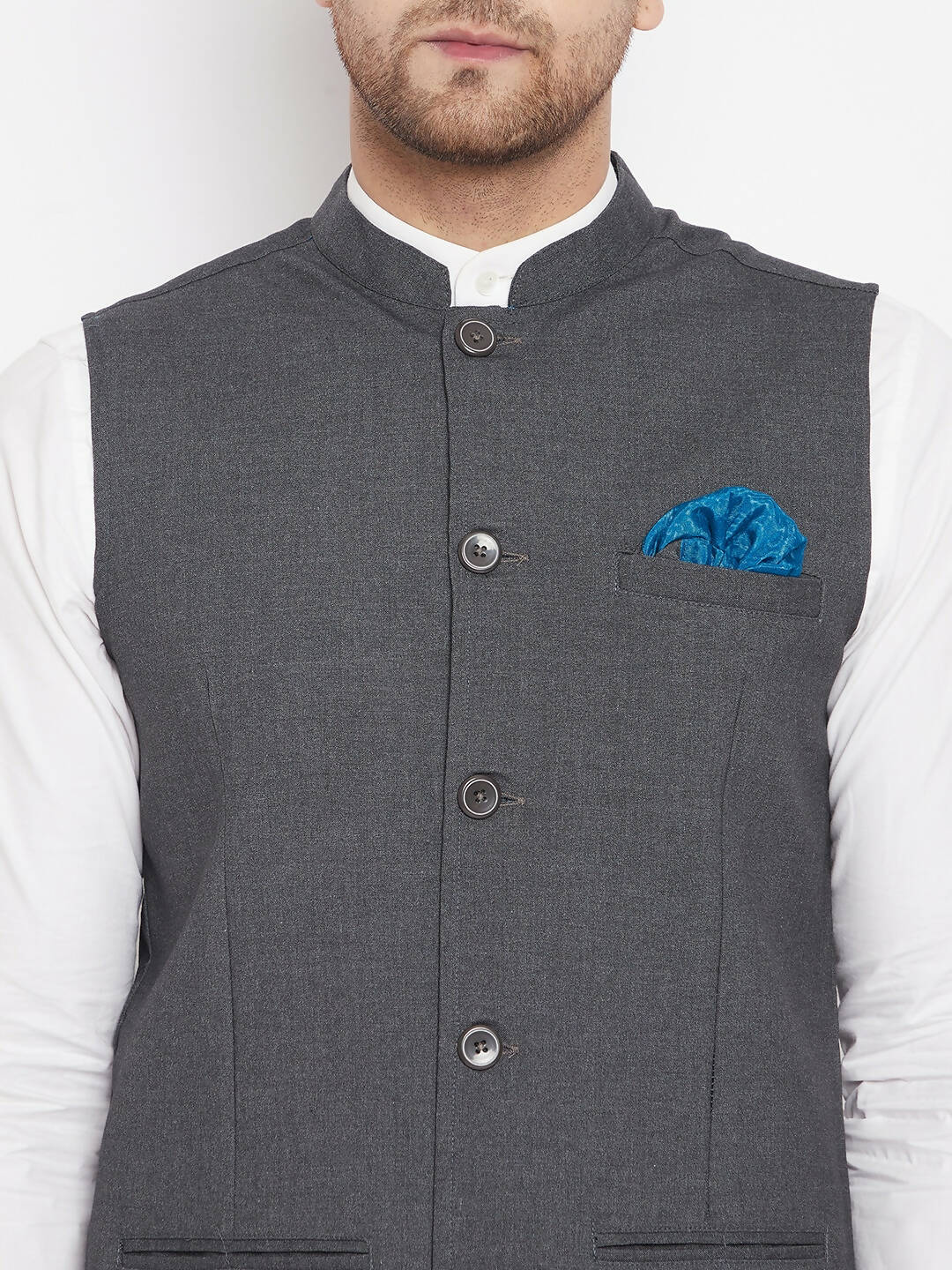 Even Apparels Men's Grey Merino Nehru Jacket-Contrast Lining-Free Pocket Square | Swadesiicart