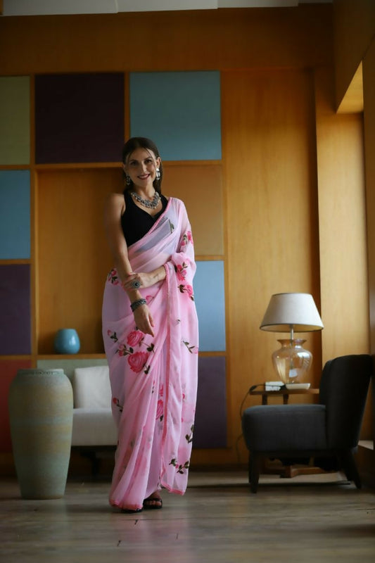 Vamsee Laxmi Pink Georgette Saree - Swadesiicart
