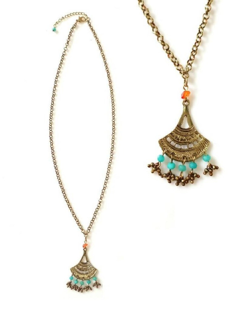 Bling Accessories Antique Brass Finish Long Chain Pendant Metal Necklace with Semi Precious Stones in Coral & Turquoise | Swadesiicart