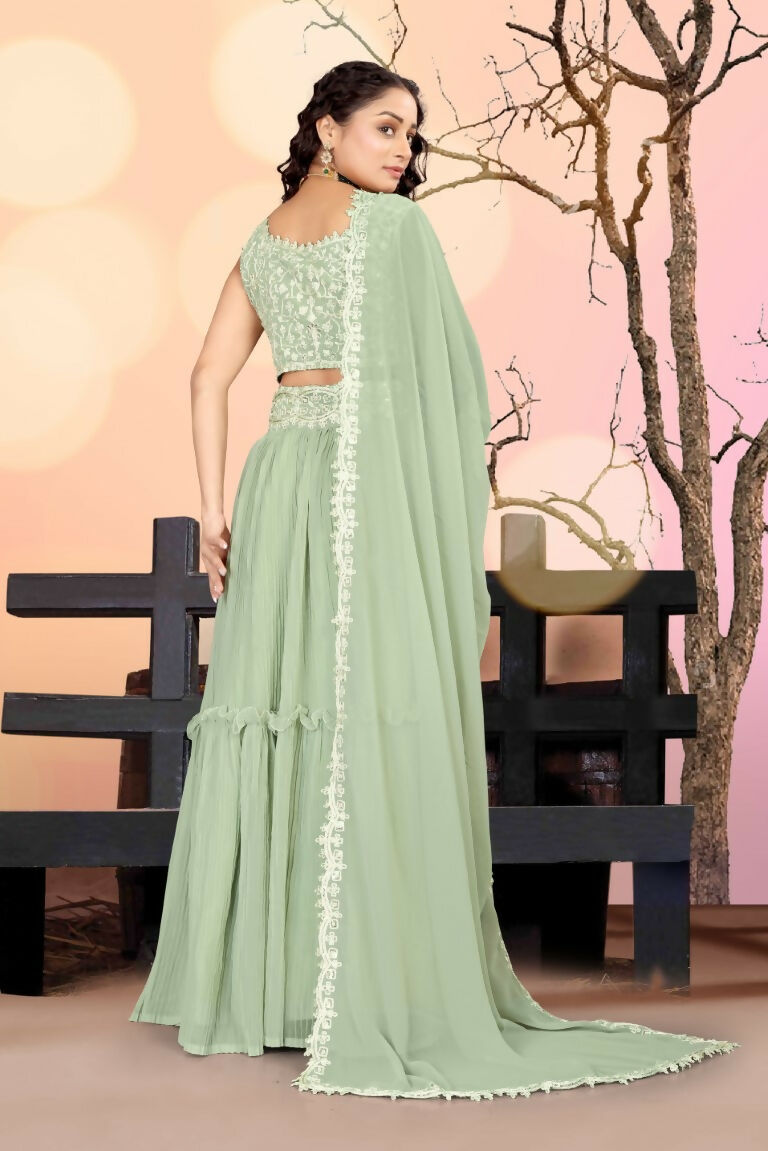Jyoti Fashion Sea Green Two Tier Crush Georgette Lehenga Choli with Dupatta | Swadesiicart
