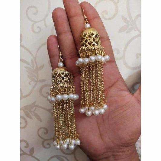 MS Fashion India Bridal Gold Color Jhumka And Hanging Chains With White Pearls Earrings | Swadesiicart