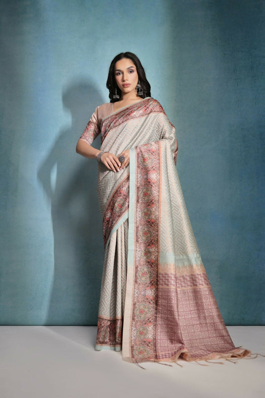Vishnu Weaves Women's Sea-Green Cotton Silk Zari Woven Saree with Blouse - Swadesiicart