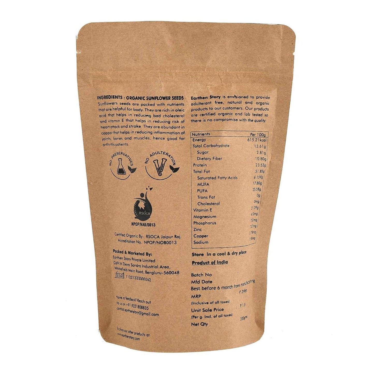 Earthen Story Certified Organic Raw Sunflower Seeds | Swadesiicart