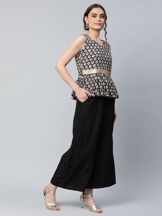 Ahalyaa Women Black Crepe Digital Printed Top with Palazzo Set | Swadesiicart