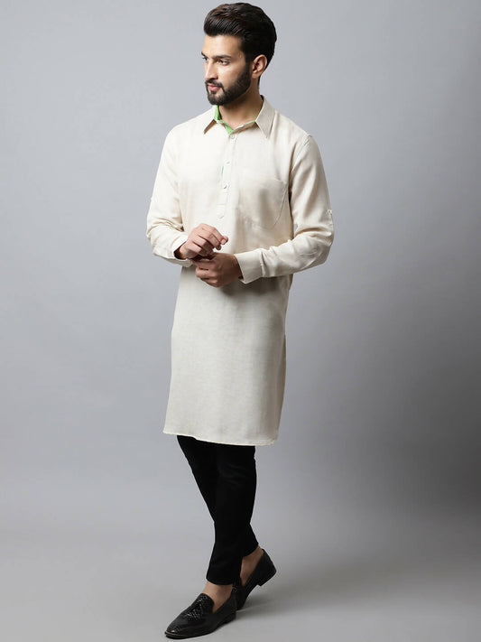 Even Apparels Cream Color Cotton Solid Men's Kurta With Shirt Collar (LN027) | Swadesiicart