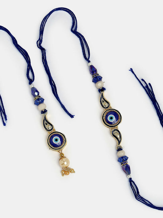 NVR Women & Men Set of 2 Blue Evil Eye Beaded Bhaiya Bhabhi Rakhi With Roli Chawal & Chocolate | Swadesiicart