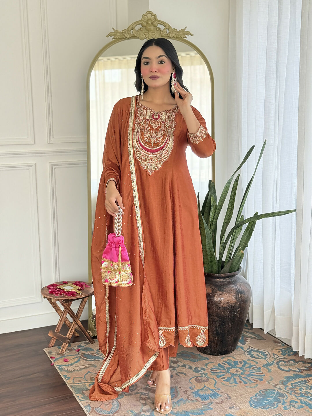 The52 Rust Women's Gorgeous Embroidered Vichitra Silk Fabric Flared Kurta, Pant and Dupatta Set - Swadesiicart