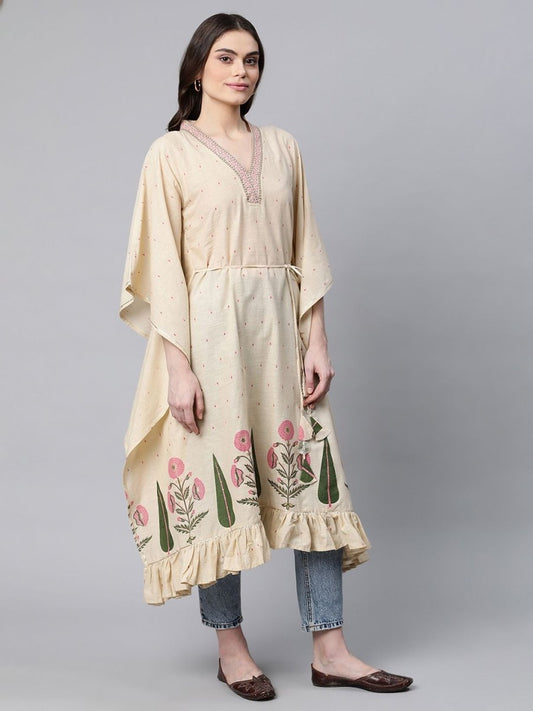 Ahalyaa Women Beige Pure Cotton Floral Printed Kaftan Kurta | Swadesiicart