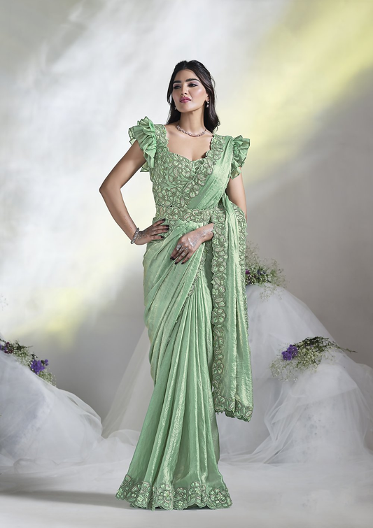 Sea Green Two Tone Satin Silk Designer Ready to wear saree with stithced Blouse - Mohmanthan Aura | Swadesiicart