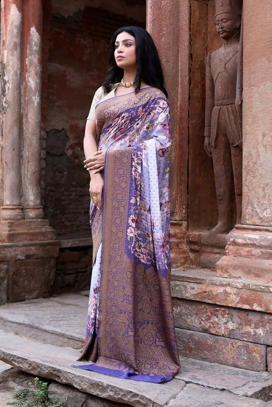 Joban Fashion Shade Of Orchid Crepe Chiffon Pure Handloom Banarasi Silk Saree | Swadesiicart