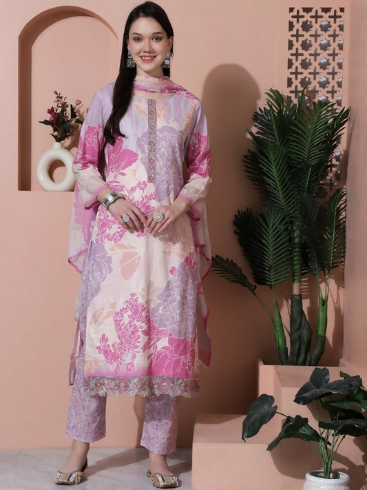 Jyoti Fashion Women's Multicolor Cotton Floral Digital Print & Floral Embroidered Cutwork Border Sequins Work Kurta with Trouser & Dupatta