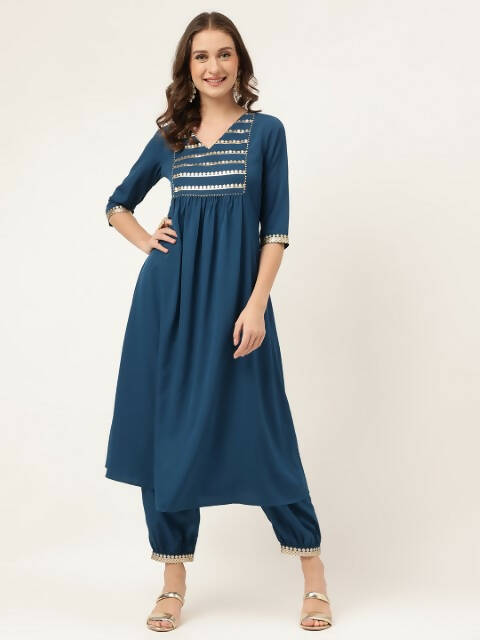 FIORRA Women's Turquise Blue Poly Crepe A-Line Kurta Set - Swadesiicart