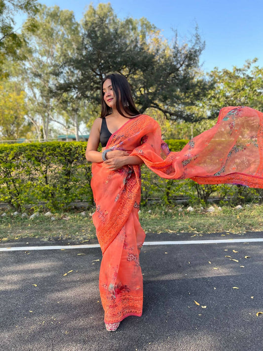 Vamsee Orange Organza Saree - Swadesiicart
