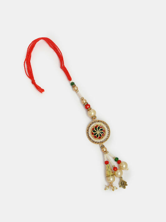 NVR Women & Men Set of 2 Gold-Toned Stone-Studded & Beaded Bhaiya Bhabi Rakhi With Roli Chawal | Swadesiicart