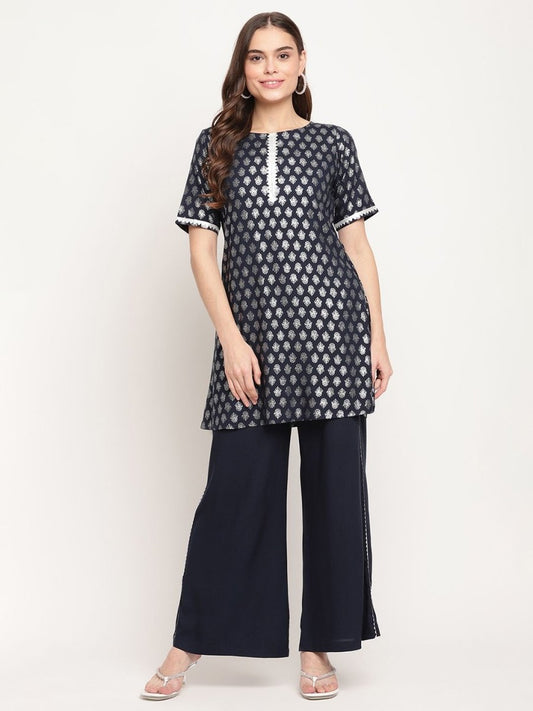 Ahalyaa Women's Blue Rayon Foil Print Top With Palazzo Set | Swadesiicart
