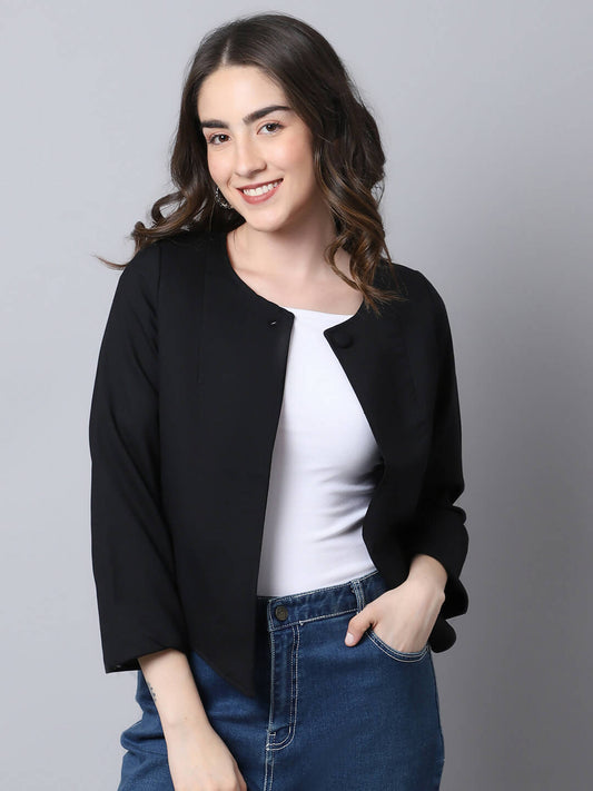 Even Apparels Black Linen Cotton Open Front Statement Women's Jacket | Swadesiicart