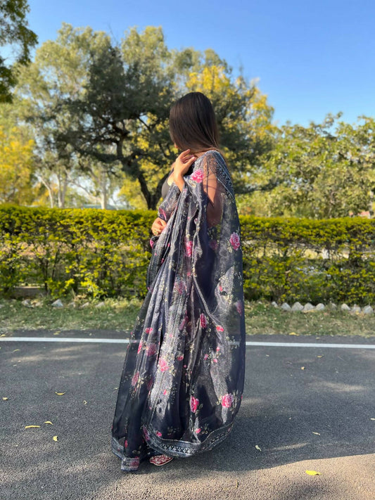 Vamsee Navy Blue Organza Saree - Swadesiicart