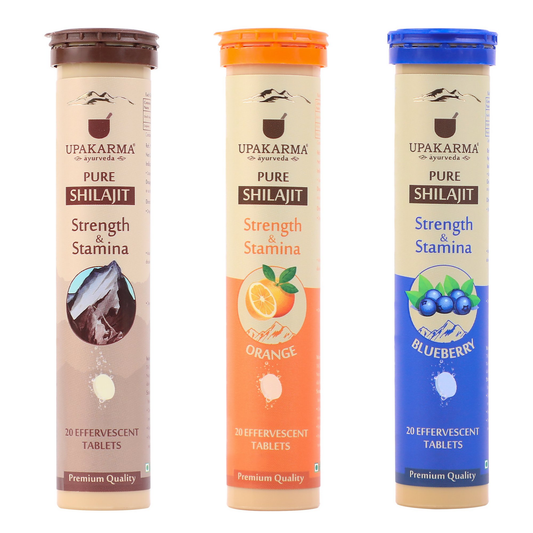 Upakarma Ayurveda Pure SJ Effervescent Tablets in 3 Unique Flavors (Pure SJ, Orange & Blueberry) Combo | Swadesiicart