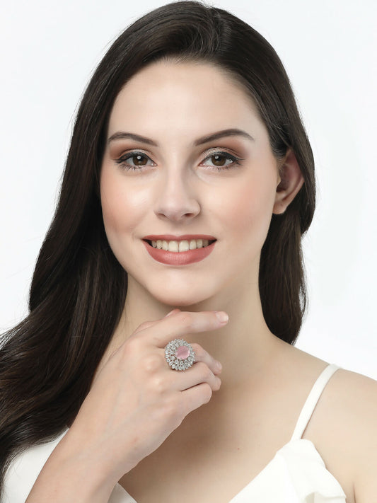 NVR Women's Pink & Silver CZ-Studded Handcrafted Adjustable Finger Ring | Swadesiicart