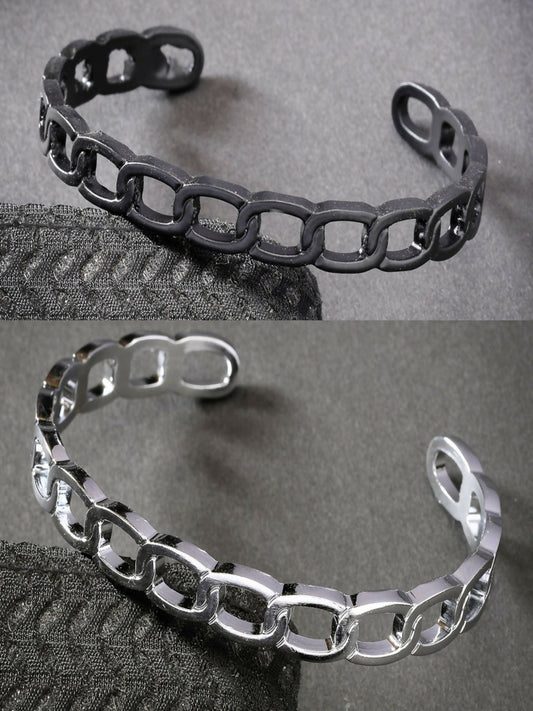 NVR Men's Set of 2 Silver & Black Rhodium-Plated Metal Cuff Bracelet